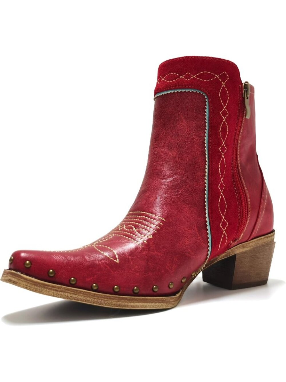 Women's Red Fringe Classic Cushioned Insole Ankle Boots with Turquoise Stones - Picture 3 of 4